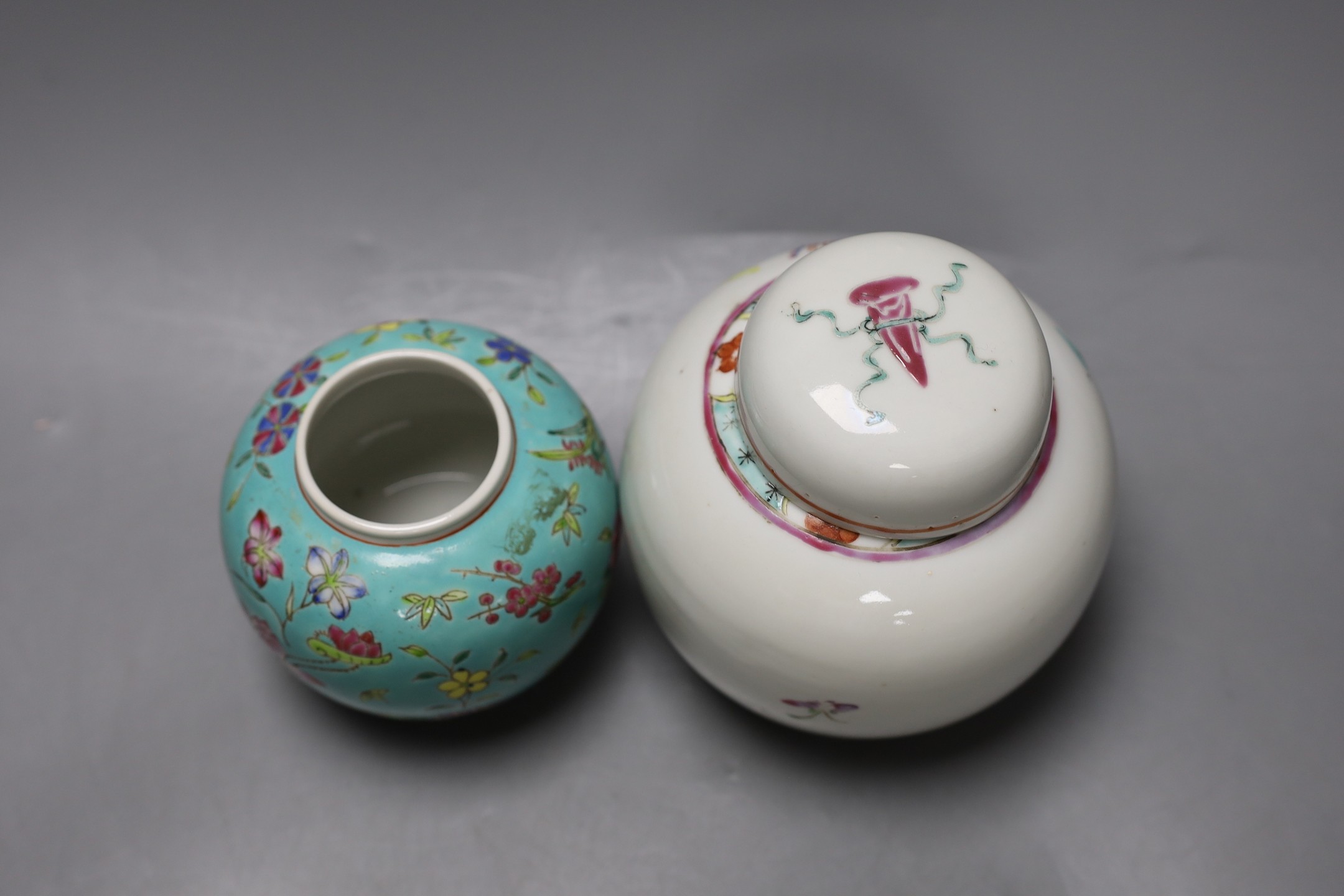 Two mid 20th century Chinese enamelled porcelain jars, tallest 14cm